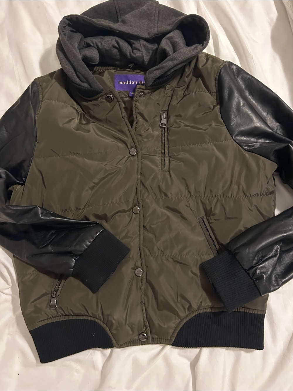 Madden Girl Olive Green Bomber with Black Sleeves & Hood